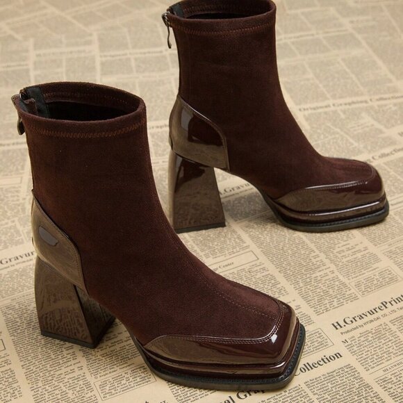 Burgundy Elegant Women's Waterproof Platform High Heel Boots - Picture 3 of 5